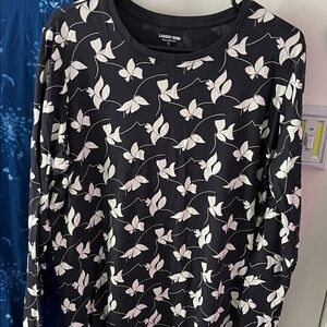 Lands' End Navy and White Leaf Print Long Sleeve Shirt